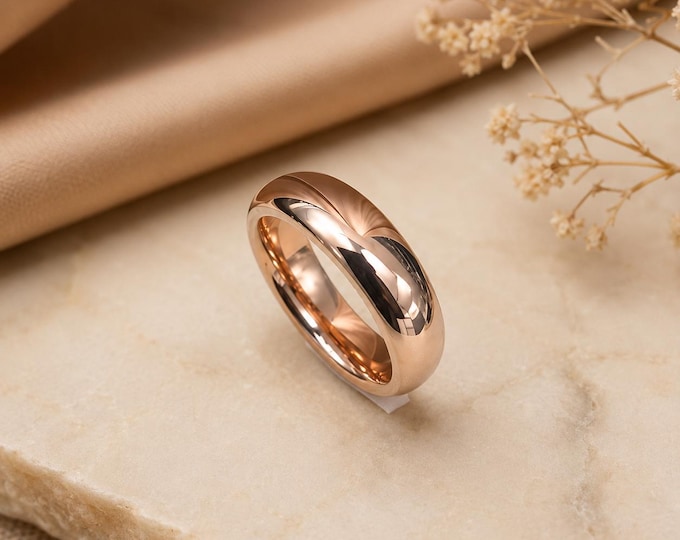 Personalized Rose Gold Tungsten Wedding Band, 6mm Dome Comfort Fit Ring, Custom Engraved Anniversary Promise Ring, Jewelry Gift for Couples