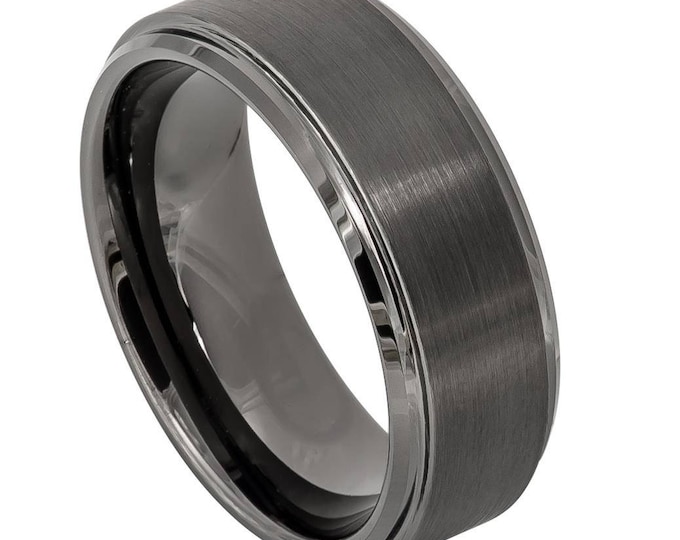 Sleek 8mm Gunmetal Tungsten Carbide Wedding Band, Brushed Center Ring for Men or Women, Engagement or Anniversary Gift Promise Ring