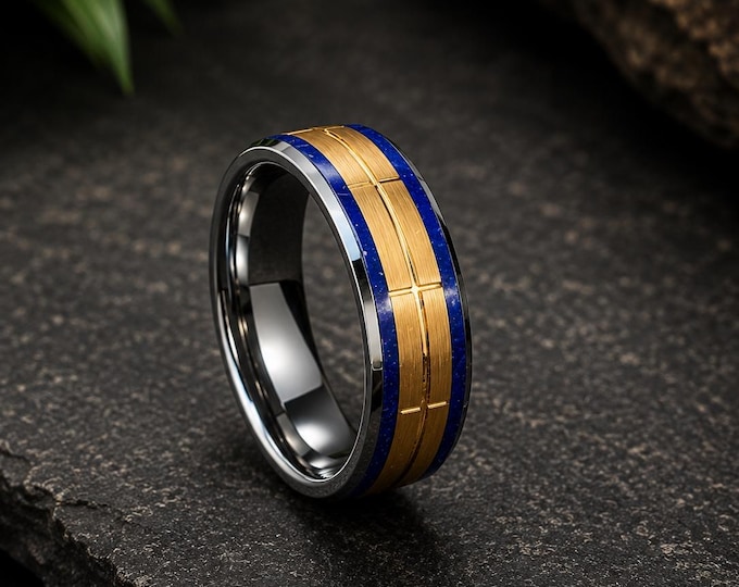 Personalized 8mm Tungsten Carbide Ring, Rose Gold Brushed Wedding Band, Blue Inlay Comfort Fit Ring, Custom Engraved Anniversary Gift