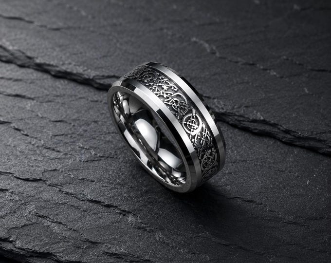 Custom Personalized Tungsten Celtic Ring for Men, Black Carbon Fiber Inlay Engraved Wedding Band, Anniversary Promise Ring, Gift for Women