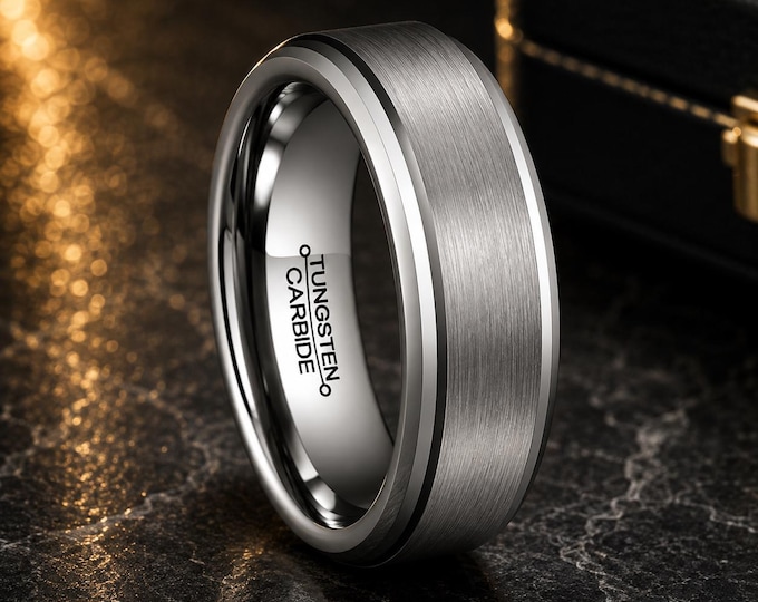 Custom Engraved Tungsten Wedding Band, 6mm Step Edge Ring, Personalized Gold Rose Gold Black Gunmetal Wedding Band, Promise Ring Gift