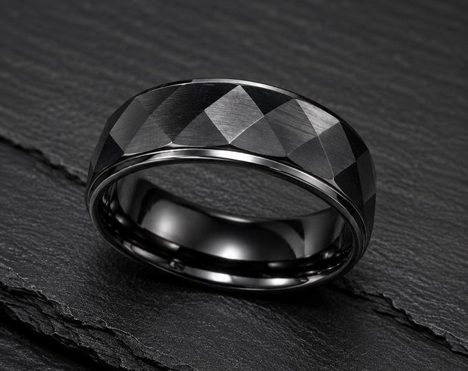 Personalized Tungsten Carbide Wedding Ring, Custom Laser Engraved Faceted Band, Modern Mens Wedding Band, Unique Groom Anniversary Jewelry