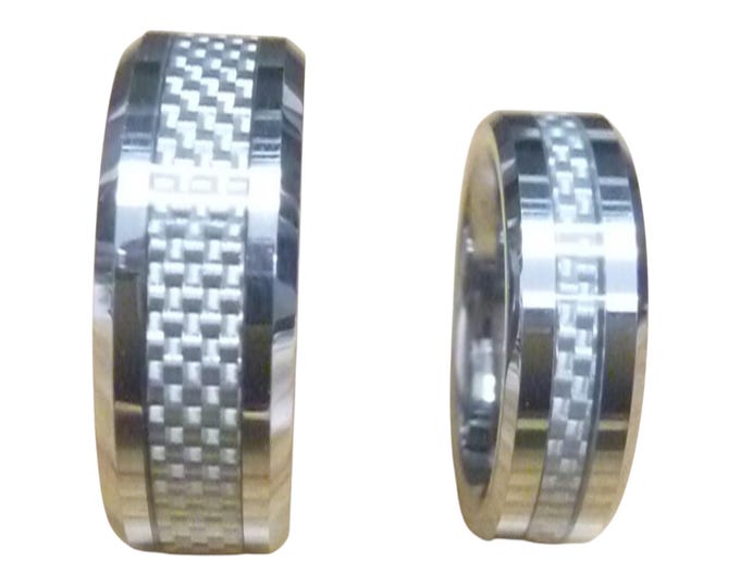 Custom Laser Engraving Ring - 8mm/6mm Tungsten Carbide Beveled Edge Gray Carbon Fiber Inlay Wedding Band Ring Set Gift for Her & Him