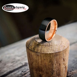 8mm Tungsten Wedding Band, Custom Engraved Dainty RIng, Black Brushed with Rose Gold Interior, Personalized Ring for Men or Women