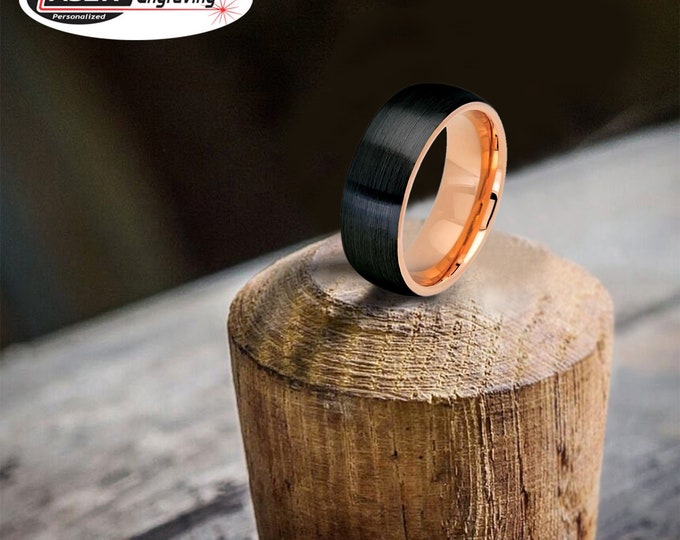 8mm Tungsten Wedding Band, Custom Engraved Dainty RIng, Black Brushed with Rose Gold Interior, Personalized Ring for Men or Women