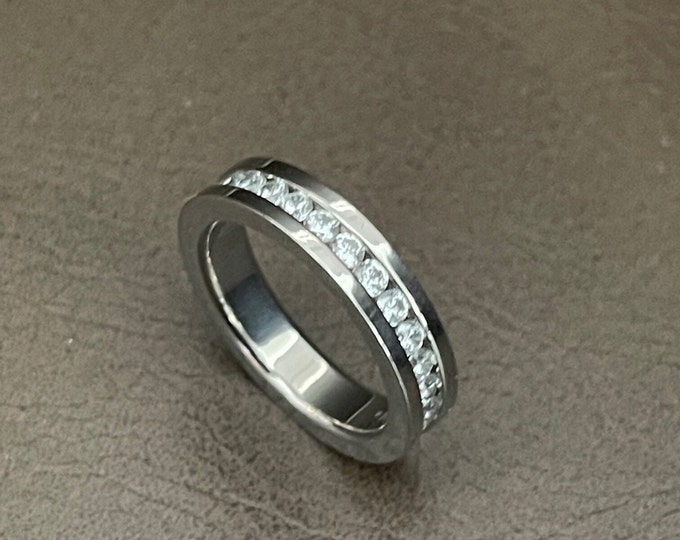Personalized Titanium Eternity Ring, Gold White IP Plated 3mm Wedding Band with CZ, Custom Engraved Dainty Ring, Promise Ring for Him or Her