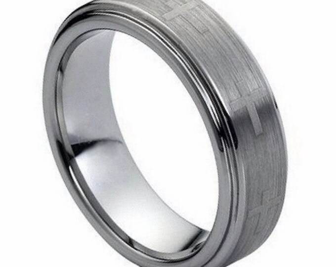Personalized Engraving - 8mm or 6mm Brushed Tungsten Carbide Christian Cross | Engagement Anniversary | Wedding Band Ring for Men Or Women