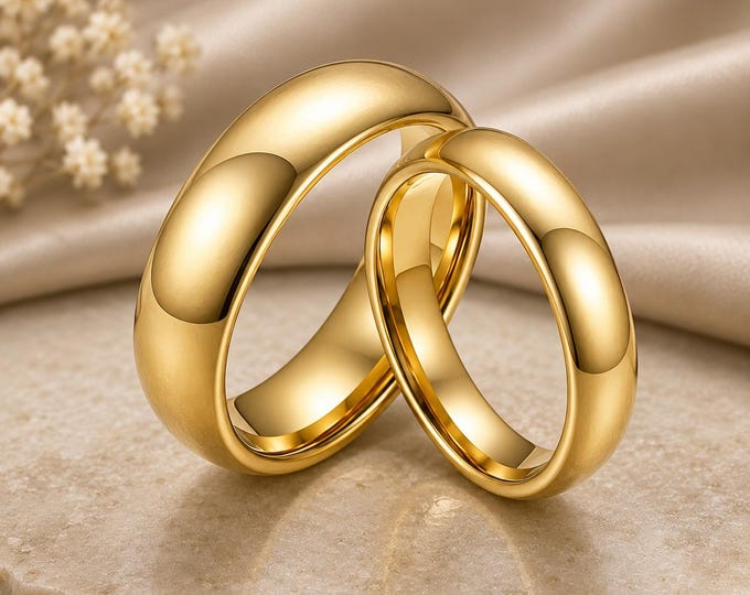 Custom Engraved Tungsten Carbide Wedding Band Set, Yellow Gold Plated Rings, Personalized Wedding Bands, Comfort Fit Promise Ring Gift