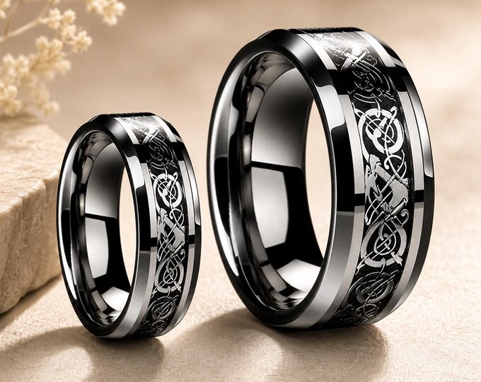 Personalized Celtic Dragon Wedding Ring Set, Custom Tungsten Bands for Couples, Engraved 8mm 6mm Dragon Knot Rings, Unique Anniversary Gift