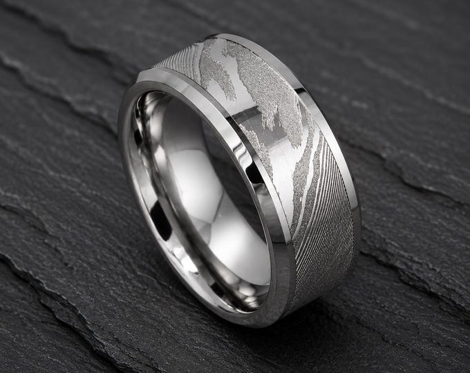 Custom Engraved Mokume Gane Tungsten Carbide Ring, Unique Wood Grain Wedding Band, Handmade Promise Ring, Personalized Anniversary Gift