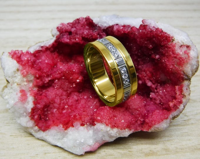 Custom Engraving - 8mm Titanium High Polished Yellow Gold Plated with 24 CZ Cubic Zirconia Wedding Band Ring for Men Or Women