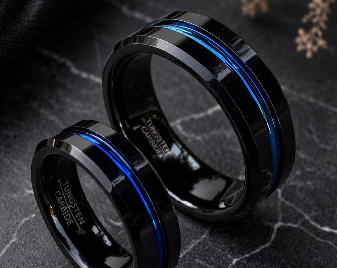 Personalized Black Tungsten Ring with Blue Groove, Custom Engraved 8mm Wedding Band, Promise Ring Jewelry, Comfort Fit Anniversary Gift