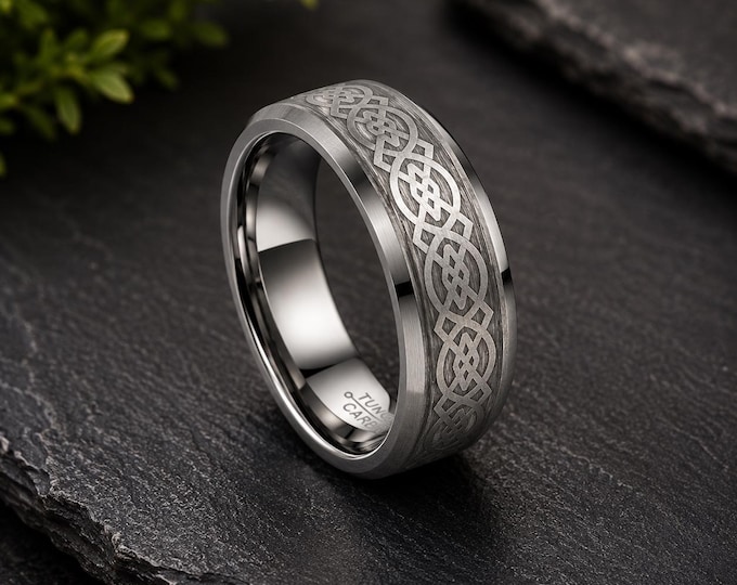 Personalized Loyal Knot Ring, Black Tungsten Carbide Wedding Band, Strong Durable Couple Ring, Custom Engraved Anniversary Gift for Him