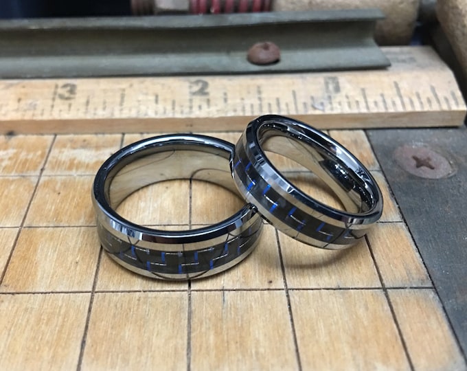 Personalized Tungsten Ring, Wedding Band Set, 8mm/6mm Custom Laser Minimalist Ring, Engraved Rings with Black & Blue Carbon Fiber Inlay