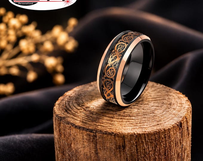 Celtic Dragon Tungsten Carbide Ring, Black & Rose Gold IP Plated 8mm Wedding Band, Viking Knot Engraved Ring, Unique Gothic Promise Ring