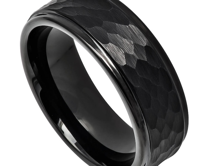 Custom Engraving - 8mm Tungsten Carbide Black IP Plated SHammered Center with Stepped Edge Wedding Band Ring for Men Or Women