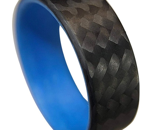 Personalized 7mm Blue With Black Carbon Fiber InlayMatte or High Gloss Finish Engagement Anniversary  Wedding Band Ring Men Or Women