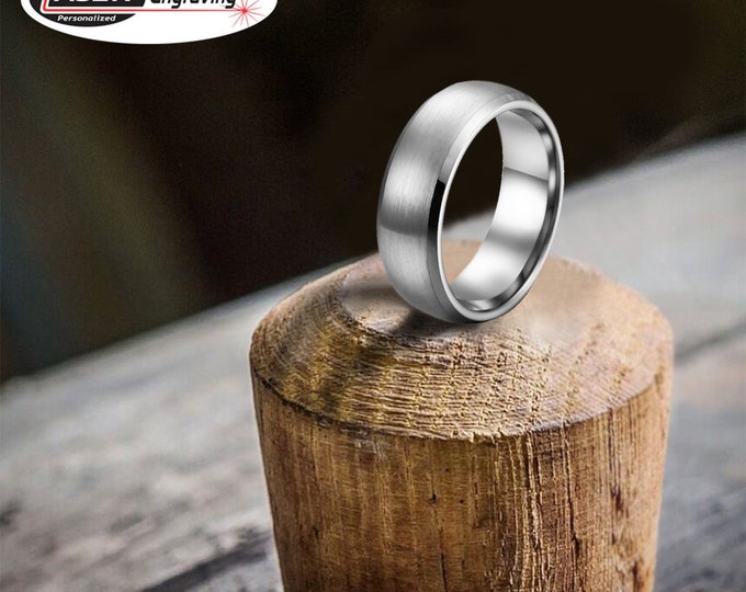 Personalized Engraving - 8mm Tungsten Carbide With Brushed Center Beveled Edge | Engagement Anniversary | Wedding Band Ring for Men Or Women
