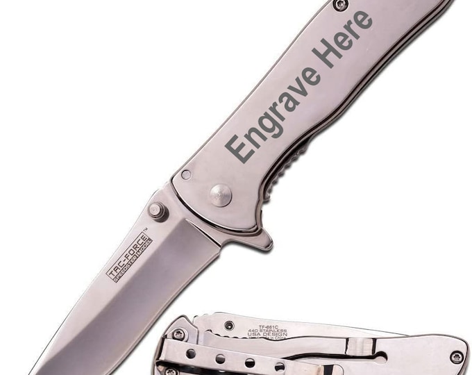 Custom Engraving Handle Tac-Force Spring Assisted Pocket Silver Knife Great for Outdoor Fishing, Hunting Hiking , Sports , Groomsmen gift ,