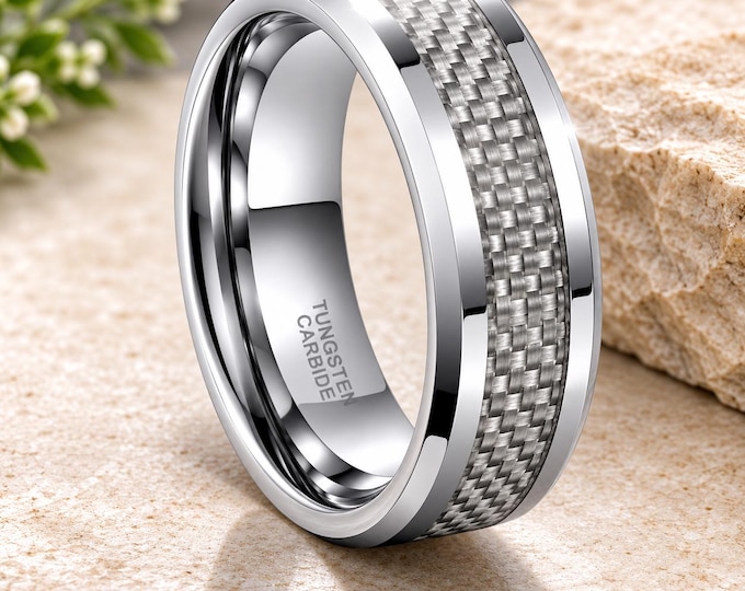 Matching Wedding Band Set with Silver Carbon Fiber Inlay, His & Hers Tungsten Rings, Modern Engagement Ring Set, Unique Couple Promise Bands