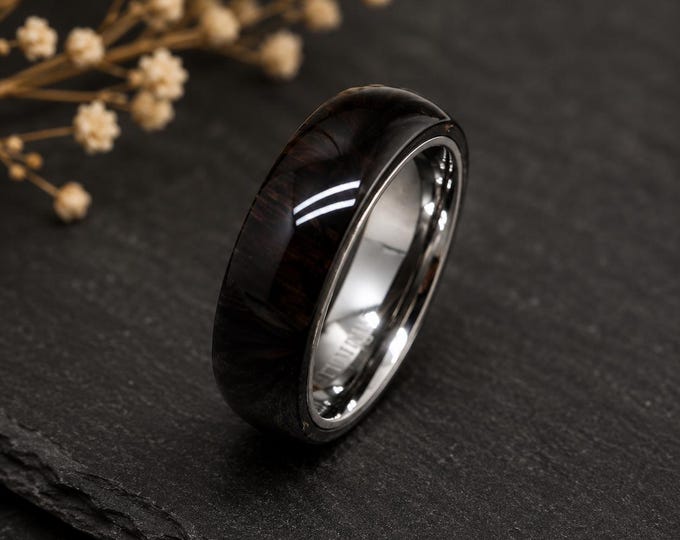 Custom Engraved Titanium Ring, 6mm Koa Wood Inlay Wedding Band, Personalized Men's Ring, Comfort Fit Promise Band, Rustic Wedding Ring
