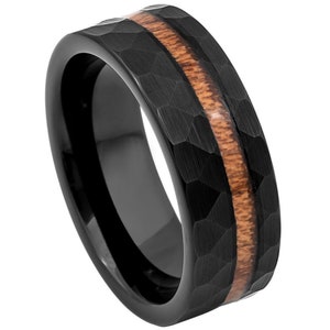 Free Personalized laser engraving Ring for Men and Women Black Plated Hammered with Hawaiian Koa Wood Inlay Wedding Band Rings for Couples