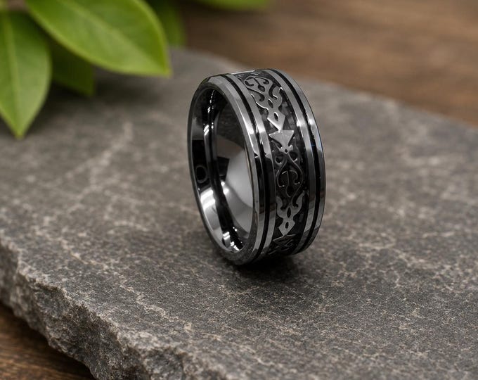 Personalized 8mm Titanium Wedding Band, Tribal Stainless Steel Ring, Custom Engraved Wedding Anniversary Ring, Comfort Fit Promise Band