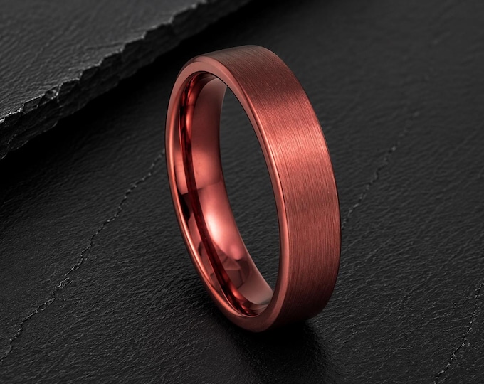 Custom Engraved Red Wine Tungsten Wedding Band, Brushed Dome Ring, Personalized His & Hers Promise Ring, Comfort Fit Anniversary Gift