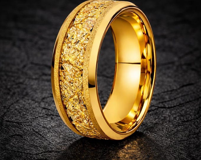 Custom Aurelius Tungsten Carbide Wedding Band • 18K Gold Leaf Plated Men’s Ring • Gold Foil Inlay Luxury Band Personalized Engraved Jewelry