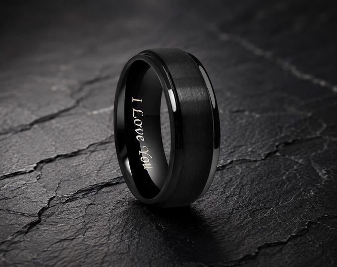 Personalized Engraved Black Tungsten Ring 8mm or 6mm, Swinger Wedding Band, Custom Statement Ring Jewelry, Comfort Fit Promise Ring