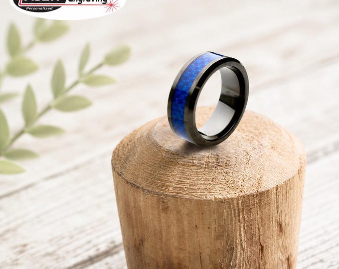 Lapis Lazuli Glowstone Ring on Black Ceramic, Vakki Blue Tungsten Rings, Lapis Lazuli Inlay Gunmetal Ring, Carbide Engagement Wedding Band