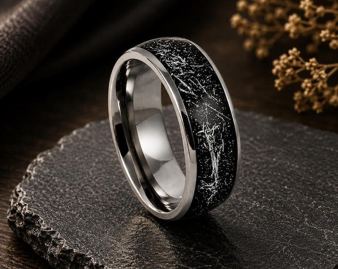 Custom Engraved 8mm Tungsten Carbide Ring with Black Carbon Fiber Inlay, Metallic Shavings Wedding Band, Personalized Promise Ring