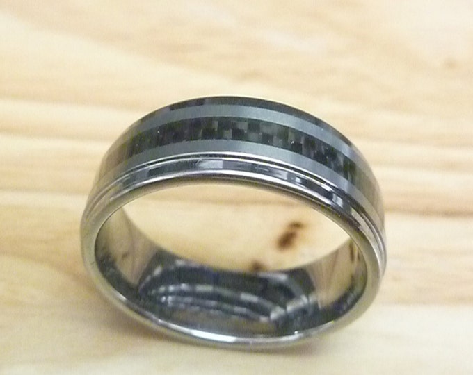 Custom Laser Engraving Ring - 8mm Tungsten Carbide Step Edge Black Carbon Fiber Inlay Wedding Band Ring for Men Or Women Gift for Her & Him