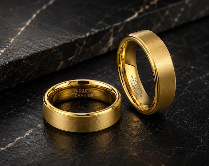 Personalized Brushed Gold Tungsten Ring, Custom Engraved Wedding Band, 6mm 8mm Comfort Fit Men's Ring, Women's Promise Ring Anniversary Gift