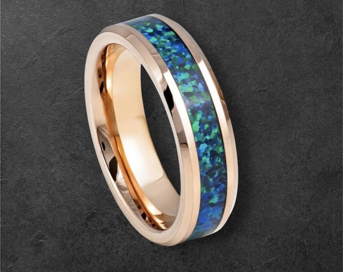 Personalized  8mm or 6mm Rose Gold Tungsten Carbide Hawaiian Blue Opal | Engagement Anniversary | Wedding Band Ring for Men Or Women