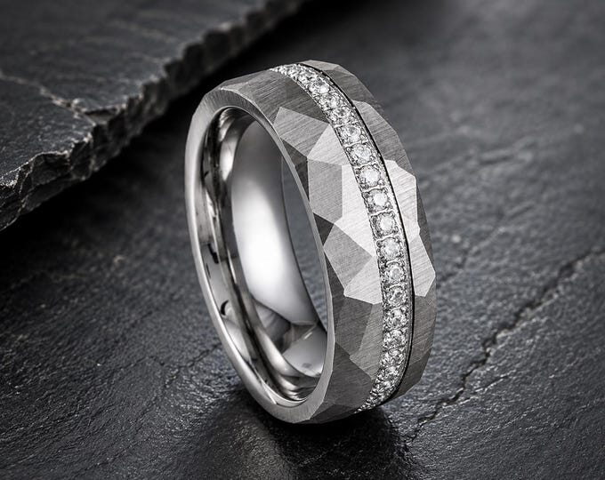Hammered Tungsten Wedding Band with CZ Eternity Inlay, Personalized Engraved Ring, Custom Wedding Band for Men & Women, Promise Ring Gift