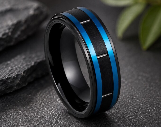 Black Tungsten Ring Blue IP Plated Wedding Band, Free Custom Engraving, Personalized Men's Ring, Comfort Fit Anniversary Gift for Couples