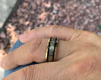Personalized Engraving - 8mm Tungsten Carbide Dragon Celtic Black Rose Gold | Engagement Anniversary | Wedding Band Ring for Men Or Women