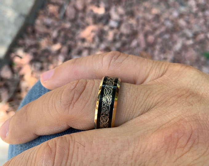 Personalized Engraving - 8mm Tungsten Carbide Dragon Celtic Black Rose Gold | Engagement Anniversary | Wedding Band Ring for Men Or Women