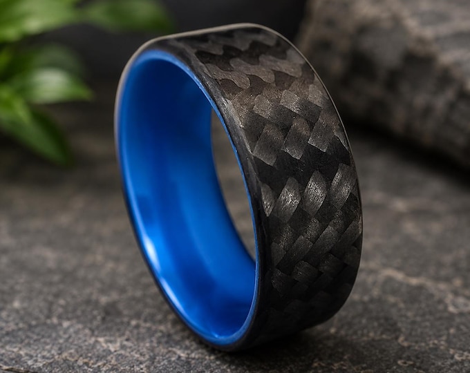 Personalized Blue & Black Carbon Fiber Inlay Ring, Custom Engraved Wedding Band, Matte or Gloss Finish, Tungsten Comfort Fit Promise Gift
