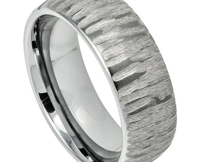 Custom Engraving - 8mm Tungsten Carbide Semi Domed Tree Bark Carved Textured  Wedding Band Ring for Men Or Women