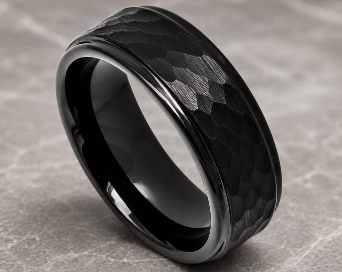 Personalized Hammered Black Tungsten Carbide Ring, 8mm Step Edge Mens Wedding Band, Custom Brushed Black Ring, Engraved Anniversary Ring