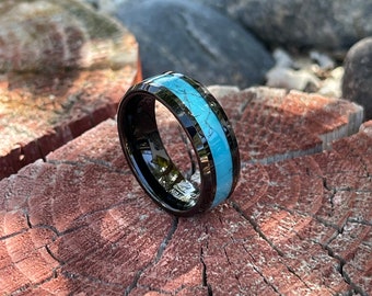 Custom Engraved Dainty Ring, 8mm Black Tungsten Carbide Ring with Blue Turquoise Inlay, Wedding Band Jewwlry, Engagement or Anniversary Gift