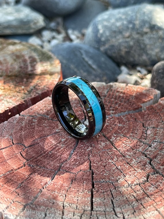 Custom Engraved Dainty Ring, 8mm Black Tungsten Carbide Ring With