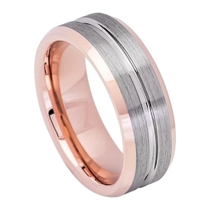 Custom Rose Gold Wedding Band, Free Engraving Brushed Center Ring for Men & Women, Flat Stainless Steel Couple Ring by TheRingCrafter