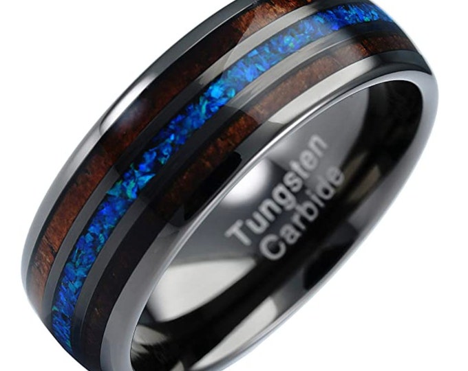 Personalized 8mm Black Ring, Tungsten Ring with Koa Wood & Crushed, Engraved Wedding Band, Custom Men’s Ring, Unique Anniversary Gift