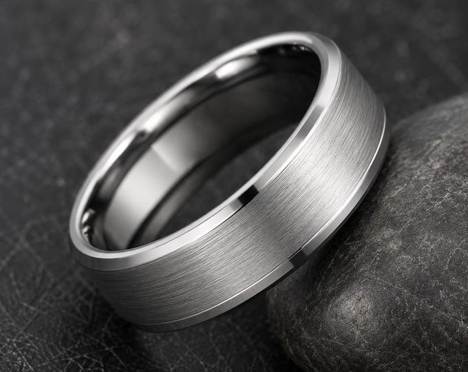 Personalized Tungsten Carbide Wedding Ring, Custom Engraved Brushed Center Band with Beveled Edge, Durable Couple’s Anniversary Jewelry