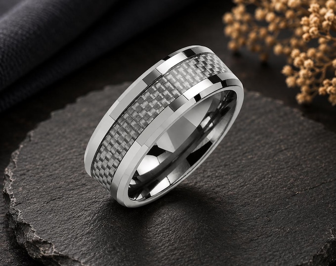 Custom Engraved Tungsten Carbide Promise Ring, Carbon Fiber Inlay Wedding Band, Personalized Anniversary Gift, His & Hers Commitment Ring