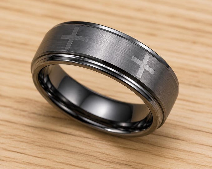 Personalized 6mm Tungsten Carbide Ring, Brushed Center Cross Wedding Band, Custom Engraved Men’s Ring for Him, Anniversary Gift Jewelry
