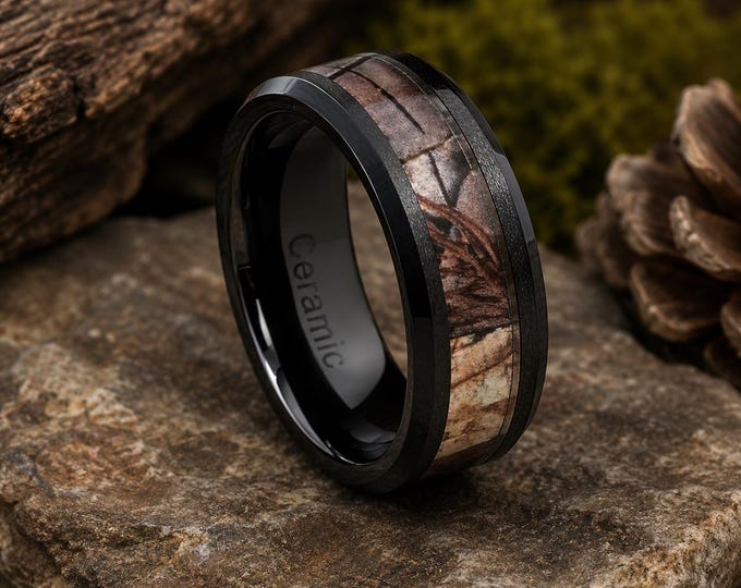 Personalized Black Ceramic Wedding Ring 8mm Forest Camo Inlay Band, Custom Engraved Wedding Band, Camouflage Promise Ring, Anniversary Gift